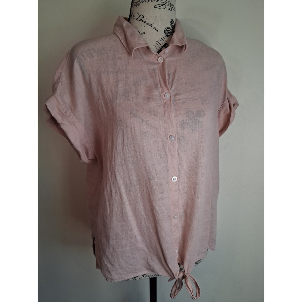 Jachs NY Girlfriend Blush Pink Linen Blend Tie Front Button Down Shirt Small